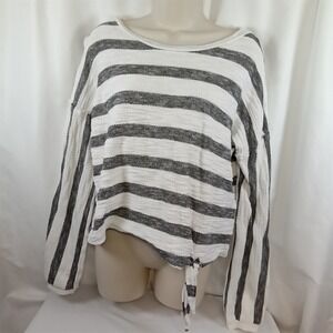 Est. 1946 Womens Striped Long Sleeve Front‎ Tie Cropped Top Grey White Medium